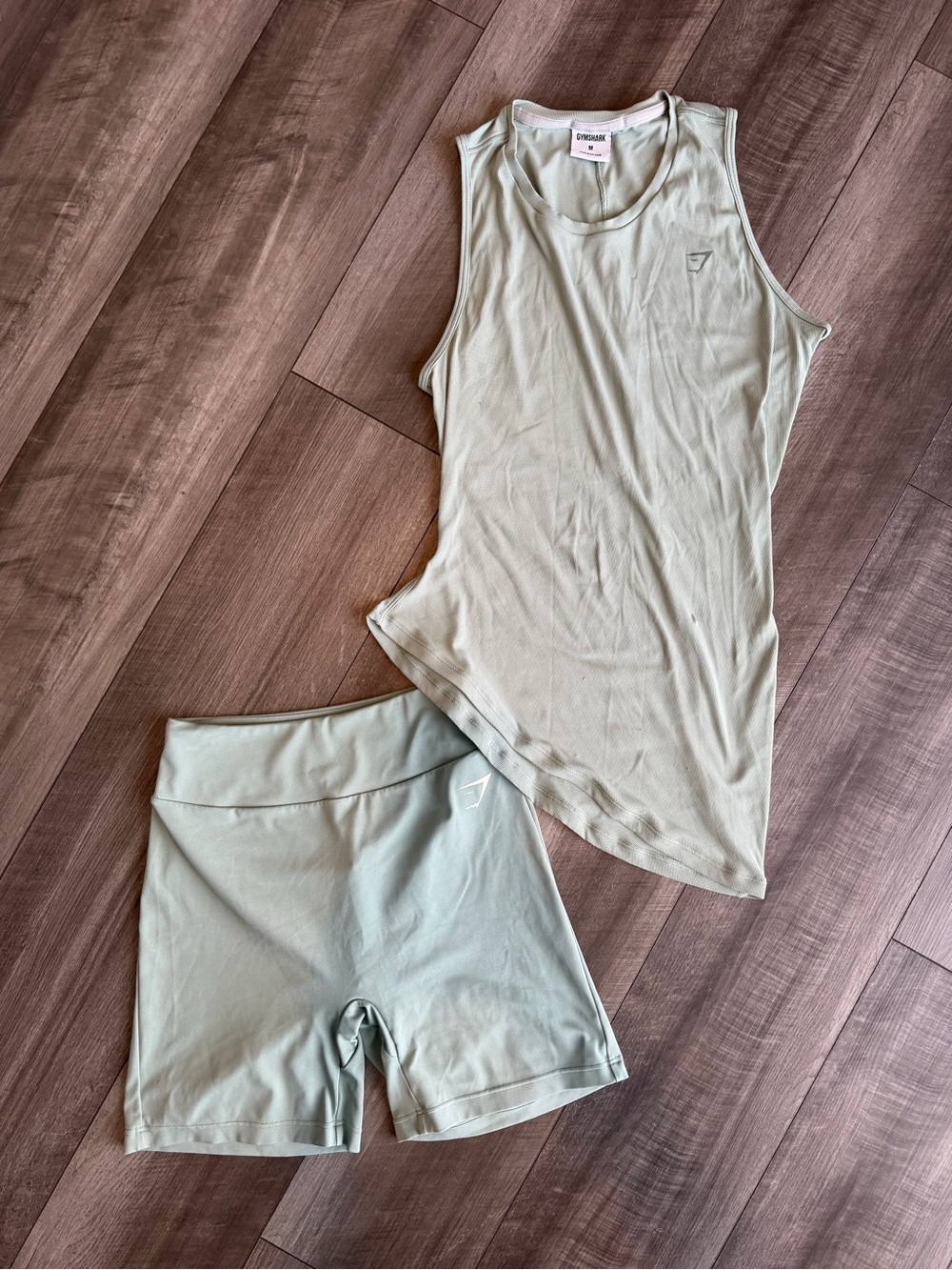 Gymshark Women's Elevate Asymmetric Tank & Original Tight Shorts Green Sage Sz M